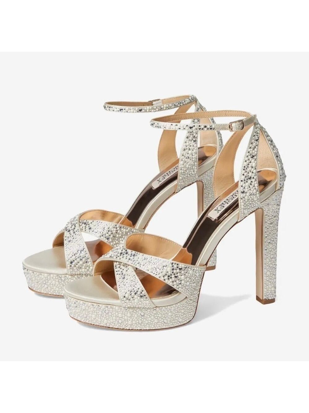 Badgley Mischka Fizzy Rhinestone Embellished Ivory Satin Platform Sandals NWT